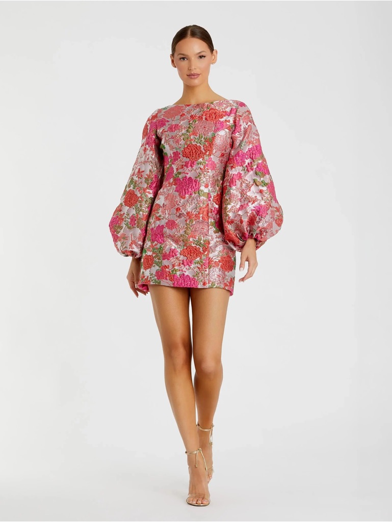 Mac Duggal Pink Floral Brocade Balloon Sleeve Mini Dress